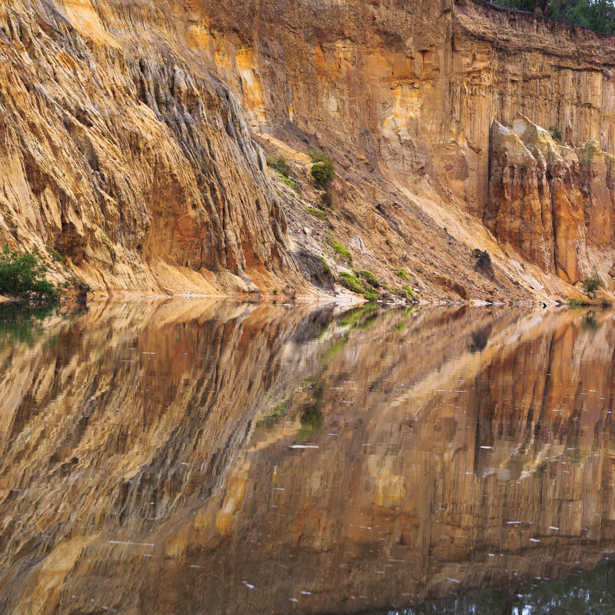 At Eagle Point Bluff on the Mitchell River, weathered sandstone cliffs rise above still water, their warm ochre and amber layers reflected in a softly rippling surface. Subtle vegetation breaks through the rugged bluff, adding touches of green to the