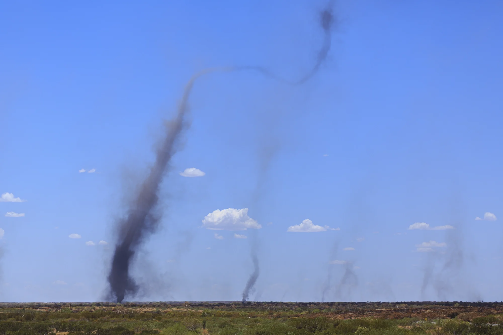 On a scorching afternoon in the buildup, a procession of willy-willys moves across mosaic-burnt Pindan country, lifting ash and dust into twisting ribbons that dissolve into the horizon.