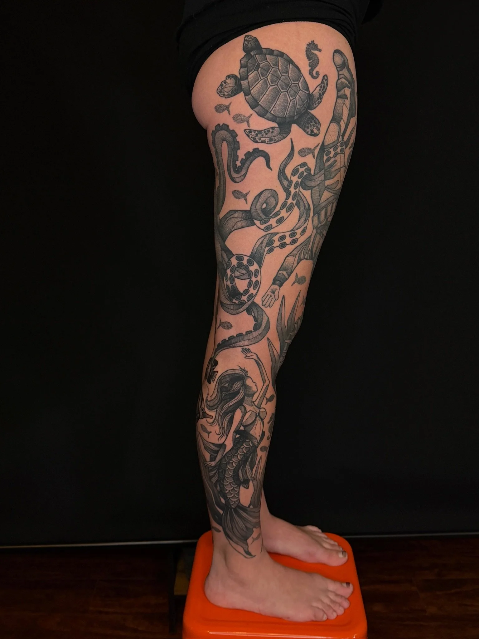 Tattooed leg with black ink designs of a turtle, a snake, a seahorse, fish, and other aquatic animals, standing on an orange platform.