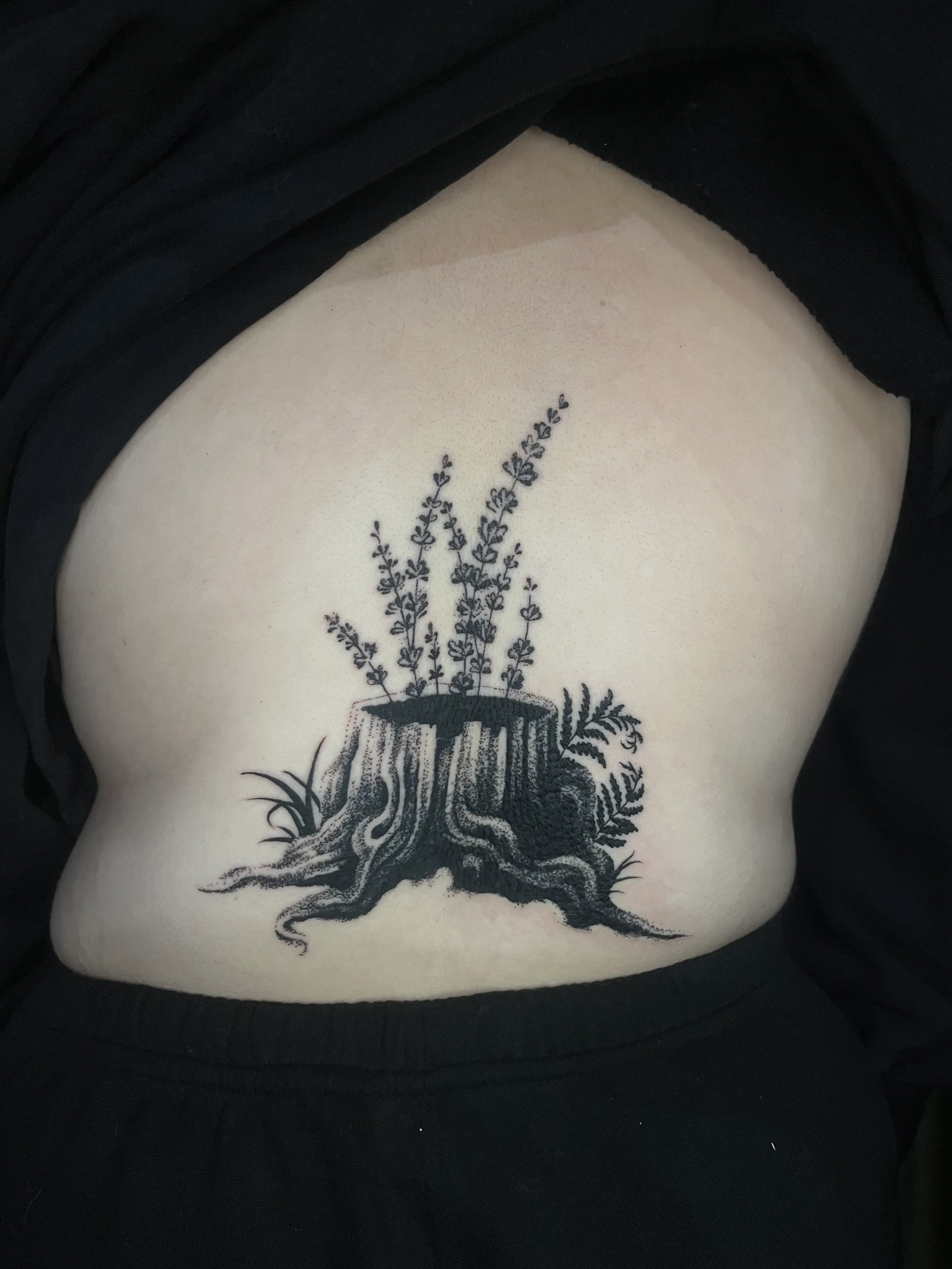 Tattoo of a tree with branches and leaves inside a basket or container, located on a person's side or ribcage.