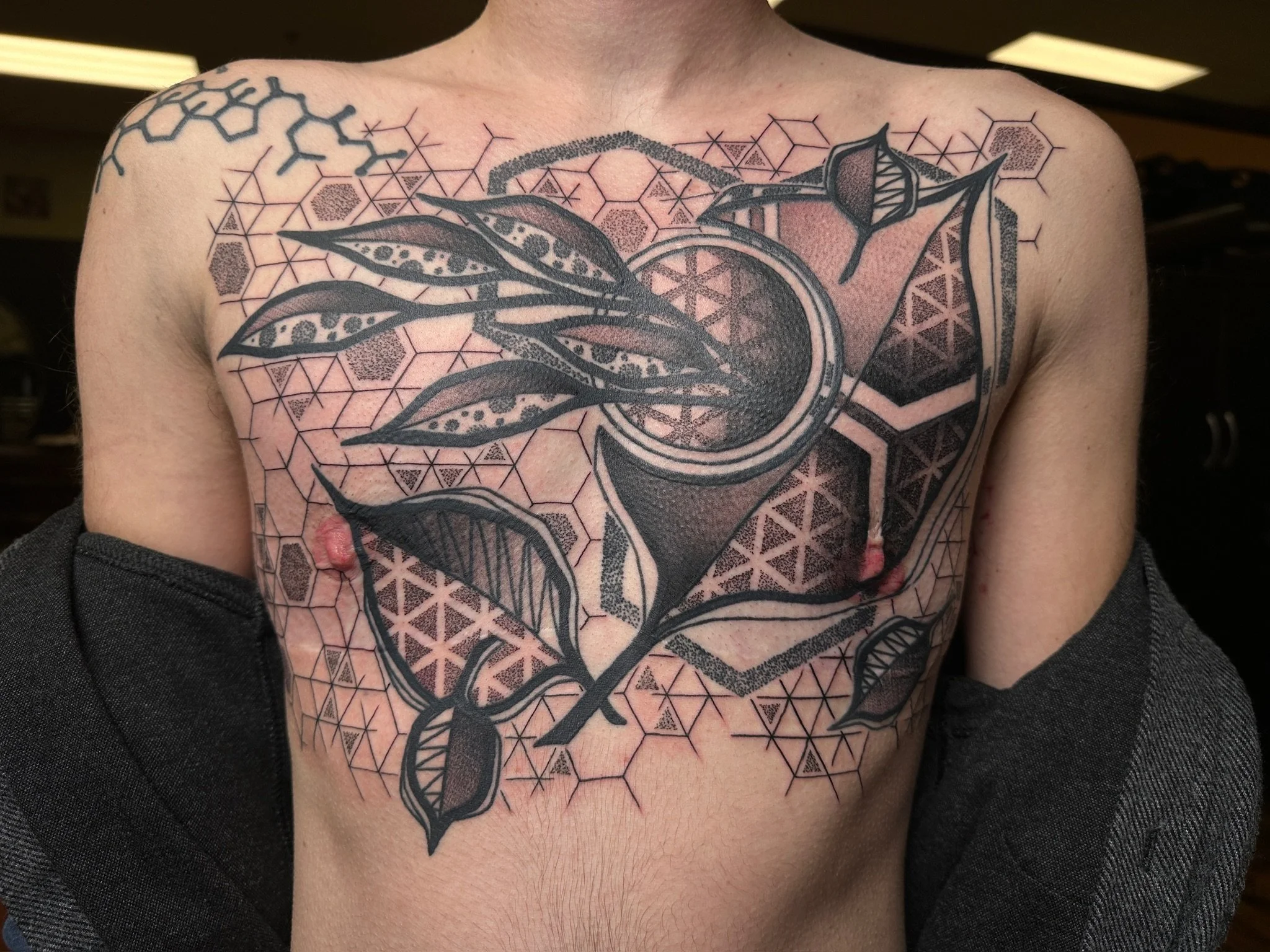 Tattoo of a sheaf of wheat with leaves and a geometric background on a person's chest.