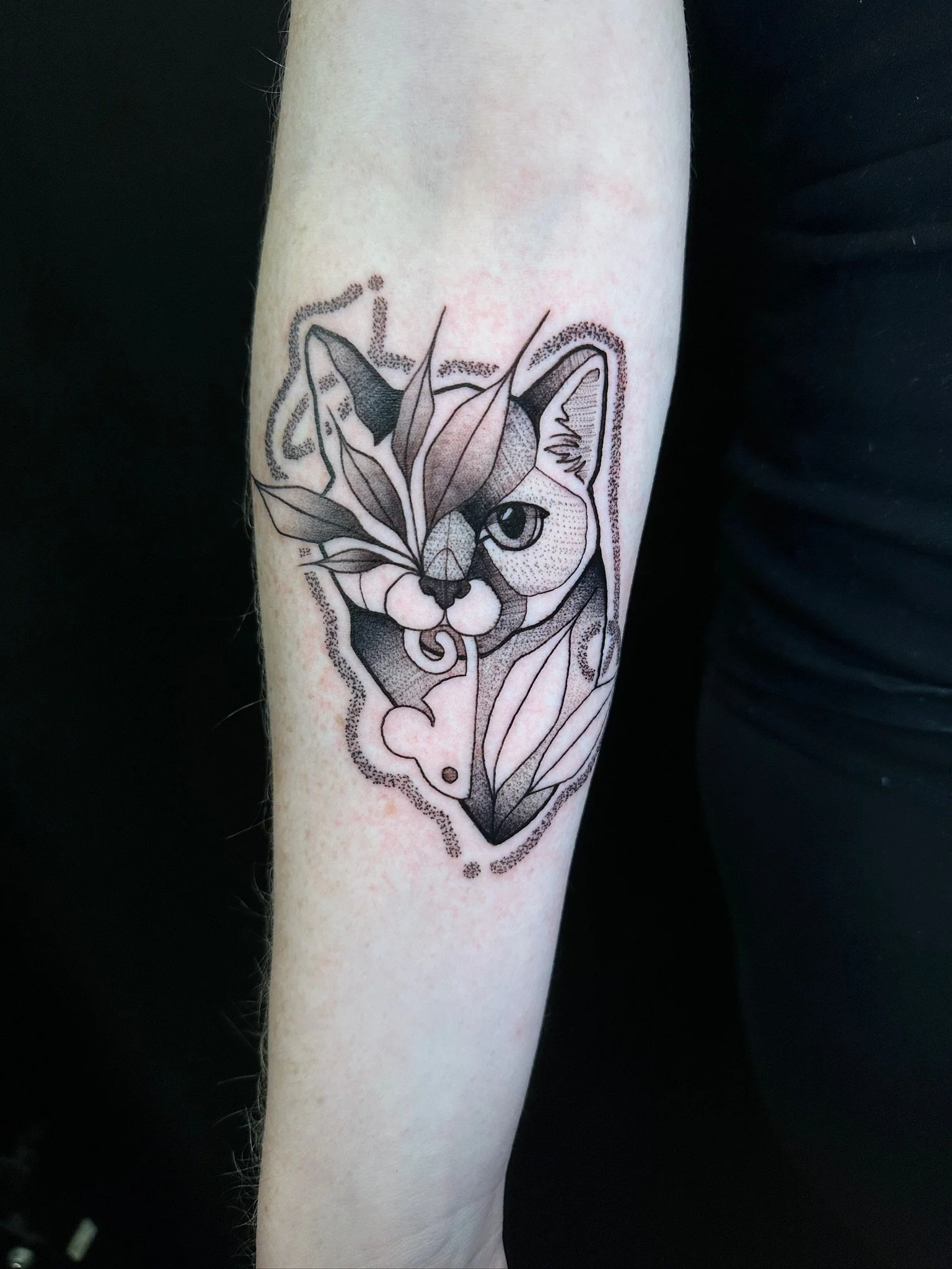 Black and gray tattoo of a cat's face with leaves on an arm.