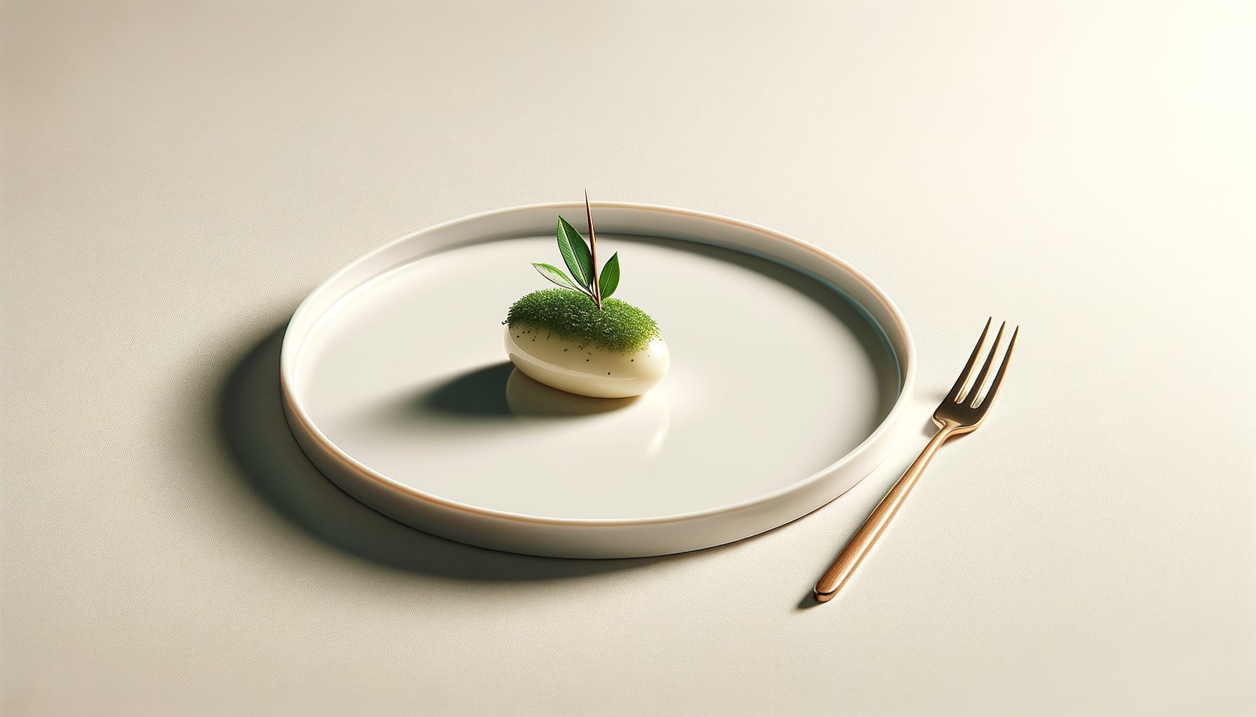 A minimalist food presentation featuring a scoop of white creamy substance topped with green moss and small green leaves, placed on a white round plate with a gold fork beside it, set on a light beige textured surface.