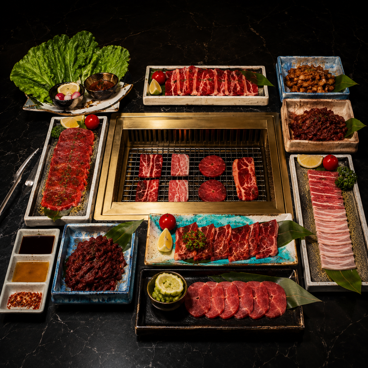 Assorted raw meats including beef, pork, and lamb on a grill and plates, accompanied by vegetables, dipping sauces, and condiments on a black marble table.