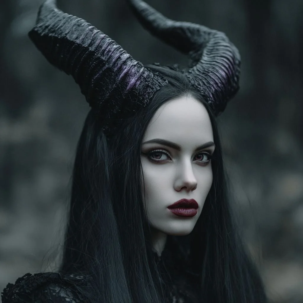 Demona - A woman with black hair and pale skin wearing large, curled horn-like headpieces, dark makeup, and lace clothing, in a dark, moody setting.