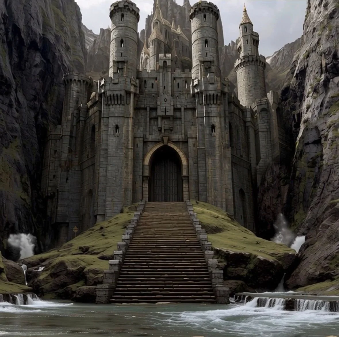 A large stone castle with several towers, built into a rocky mountain, with a staircase leading up to a large arched doorway, surrounded by water and mountains.