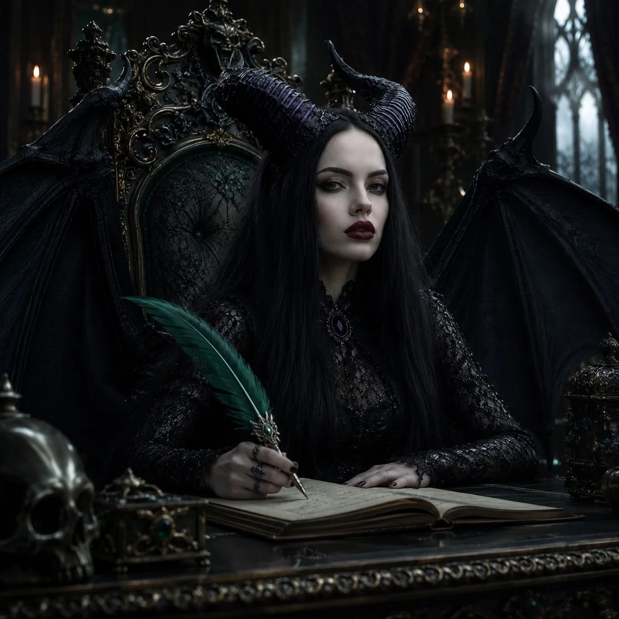 A woman dressed as a dark, gothic character with black horns, wings, and long black hair, sitting at a gothic-style desk with a skull, books, and a quill, in a dimly lit, gothic room.