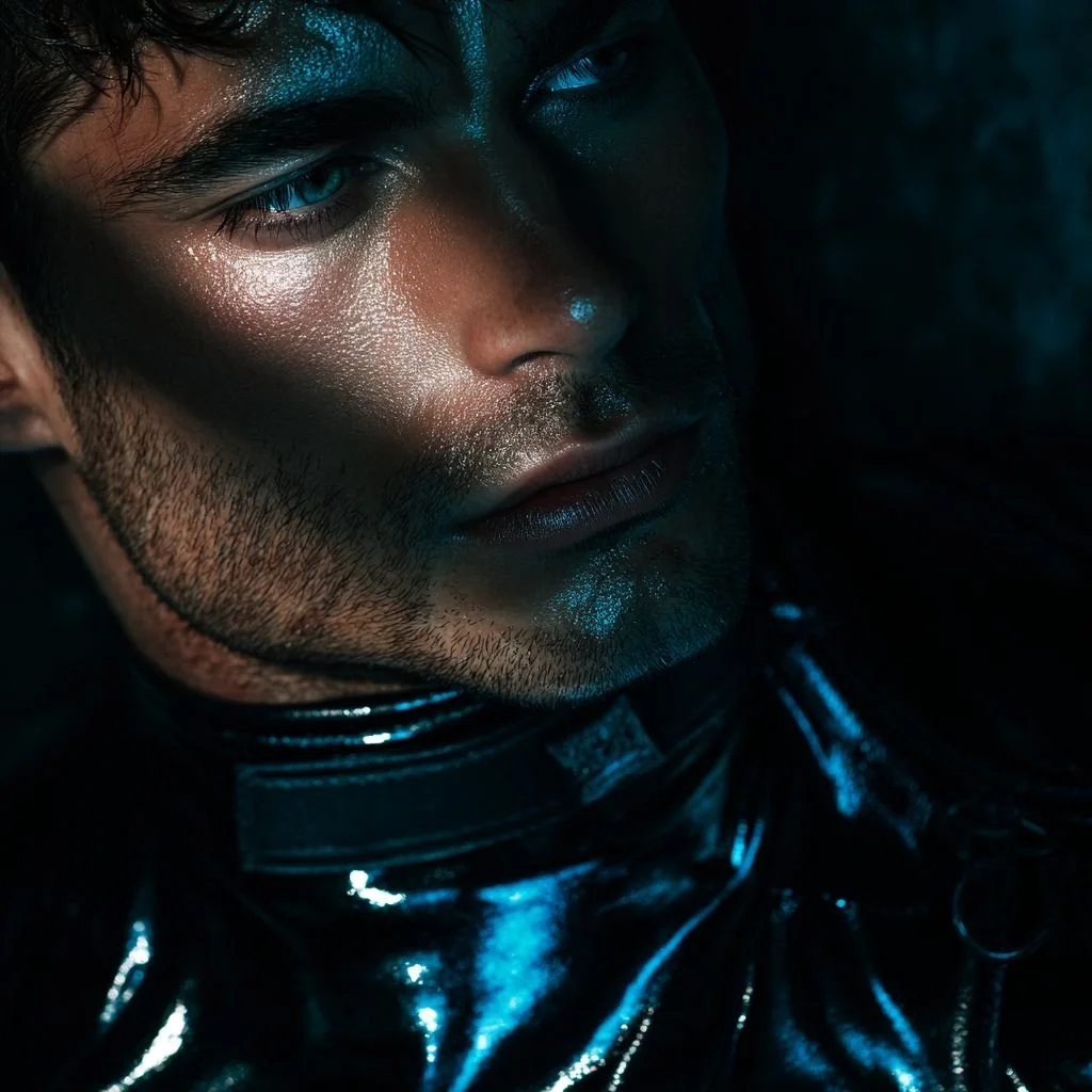 Close-up of a man with painted face, light reflecting on his skin, wearing a shiny black outfit in a dark setting.