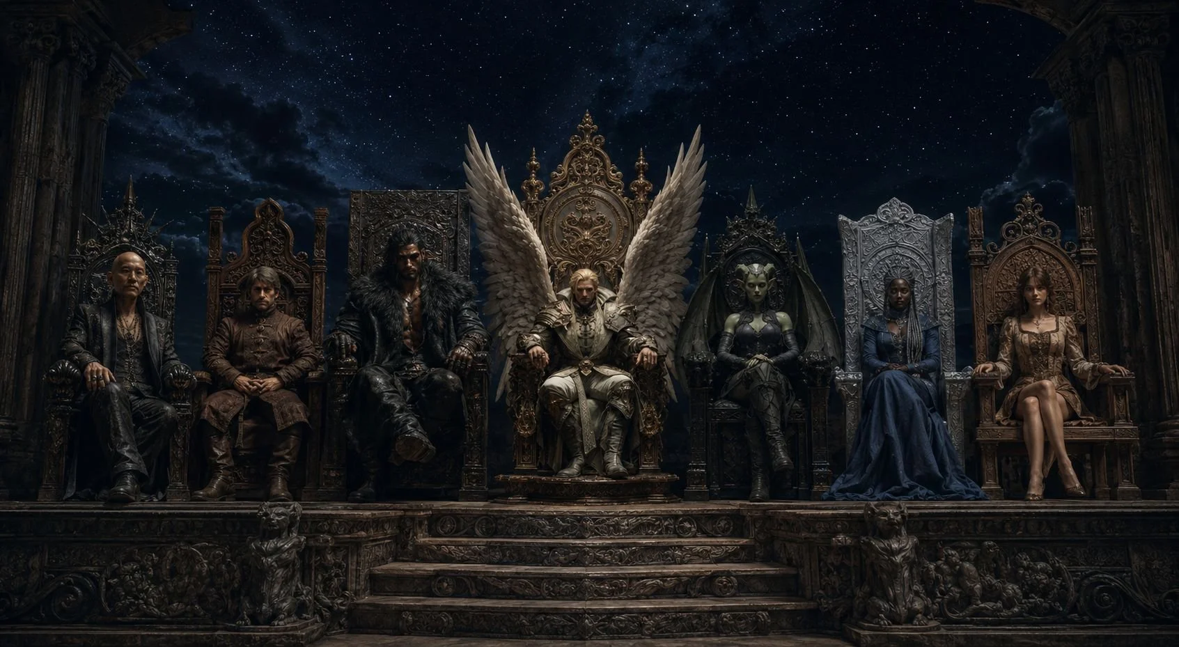 The committee characters dressed in elaborate costumes sitting on thrones in a dark, gothic setting with a starry night sky in the background.