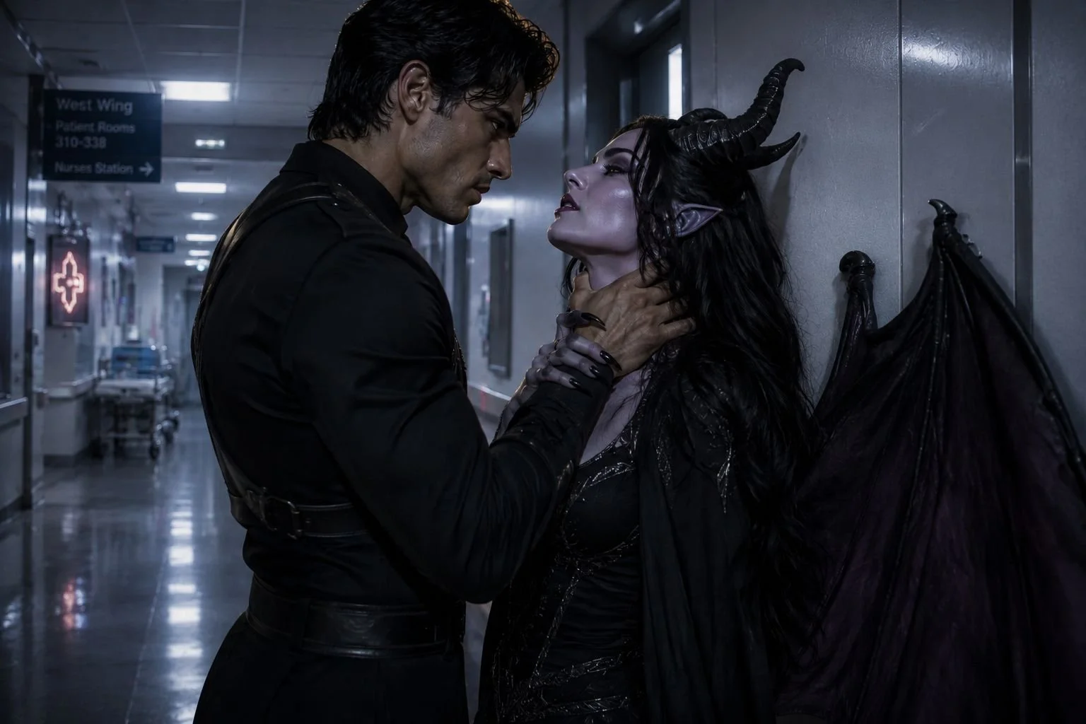 A man and a woman with demon-like features in a hospital corridor. The man is holding the woman's neck, and they are close to each other in an intimate pose. The woman has horns, pointed ears, dark wings, and purple skin.