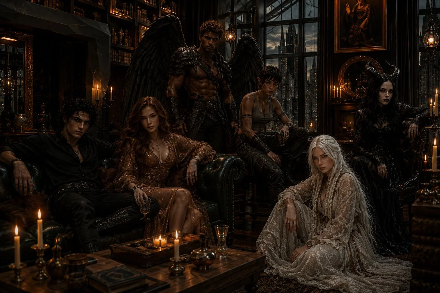 The Six individuals of the dread squad dressed in dark, elaborate costumes, some with fantasy or demonic elements, pose in a dimly lit, gothic-style room with candles, bookshelves, and a city skyline visible through large windows behind them.