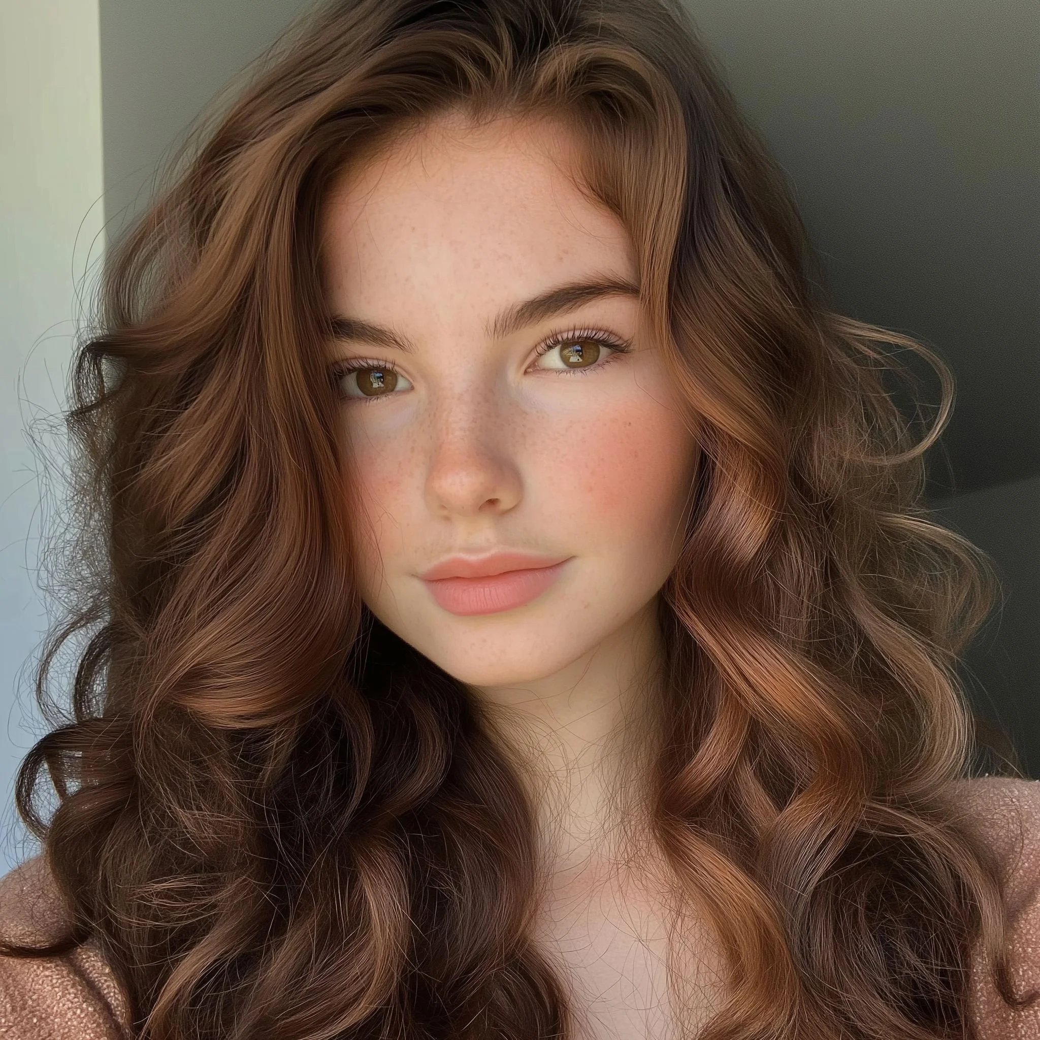 A close-up of a young woman's face showing her brown eyes, freckles, and wavy auburn hair against a neutral background.