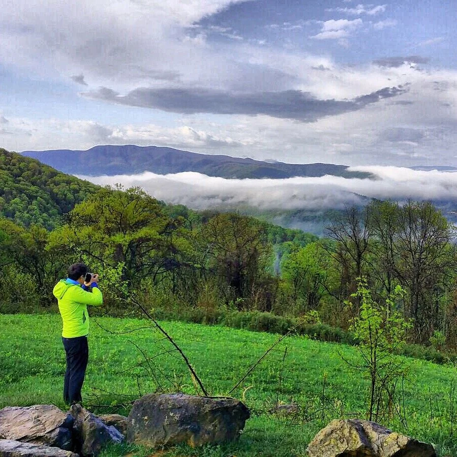 A filmmaker in a bright jacket photographing green hills and low clouds