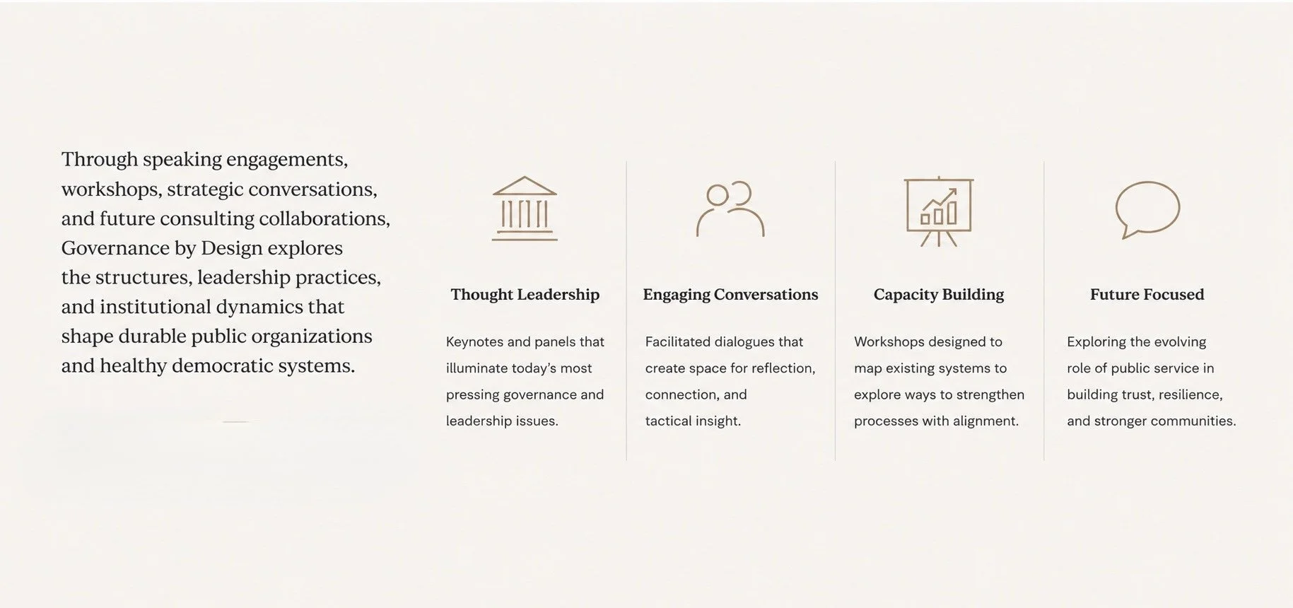 Text explaining governance by design through speaking engagements, workshops, and collaborations, exploring structures, leadership practices, and institutional dynamics for sustainable and democratic public organizations. Includes icons for Thought Leadership, Engaging Conversations, Capacity Building, and Future Focused, with descriptions of each.
