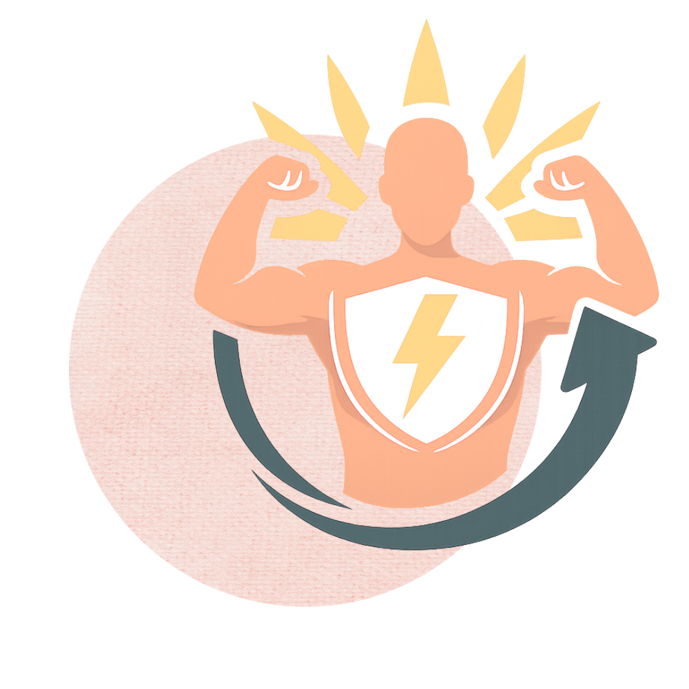 Illustration of a muscular person with a shield featuring a lightning bolt, flexing arms with golden rays behind the head, encircled by an arrow.