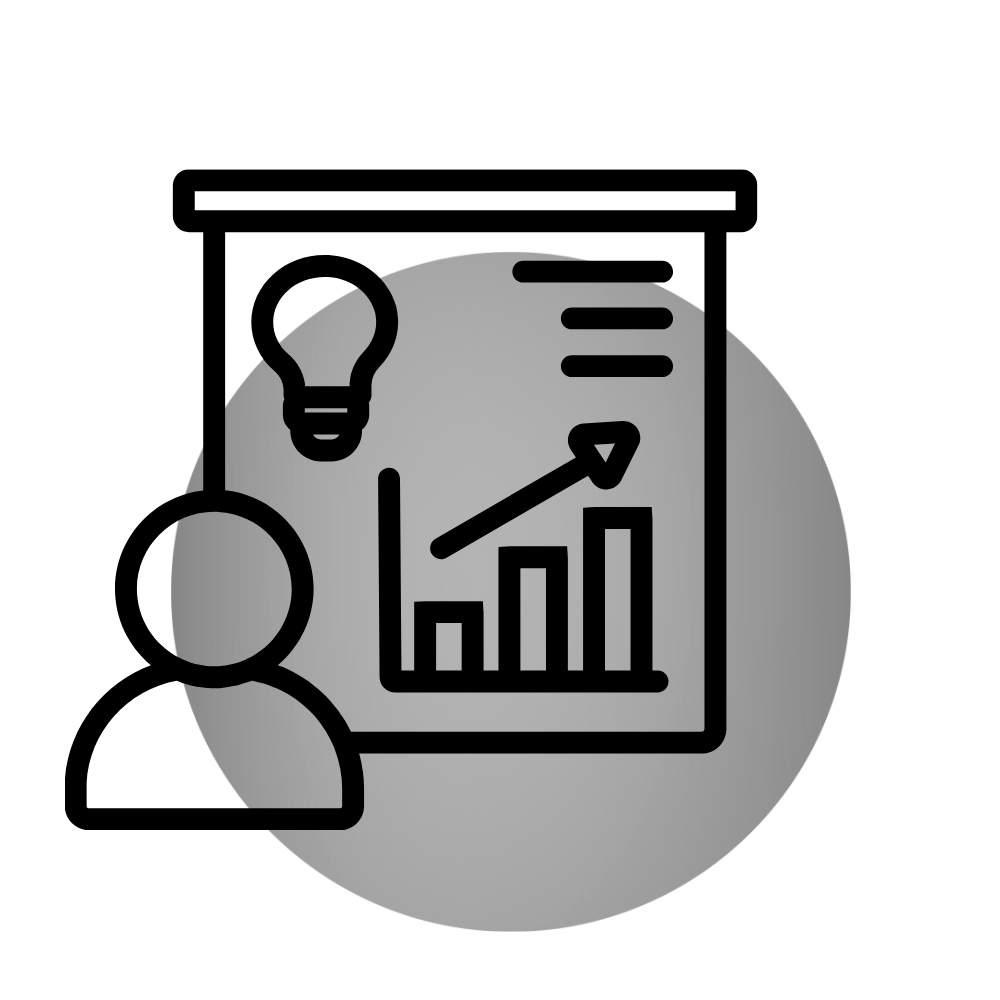 A person illustrating a presentation with a bar graph showing upward growth, a light bulb symbolizing ideas or innovation, and notes on a notepad.
