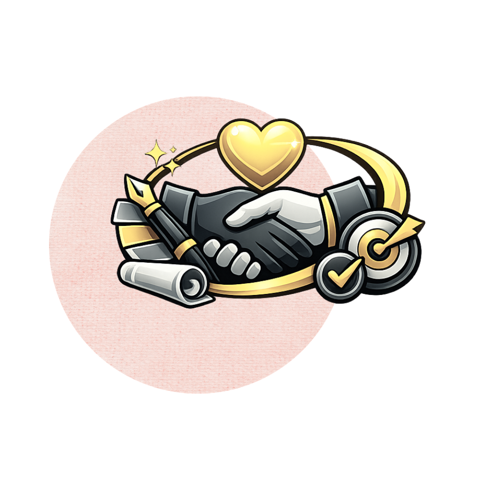 Illustration of two hands shaking, surrounded by a gold heart, a pen, a pill, a checkmark, and Target logo, symbolizing partnership and agreement.
