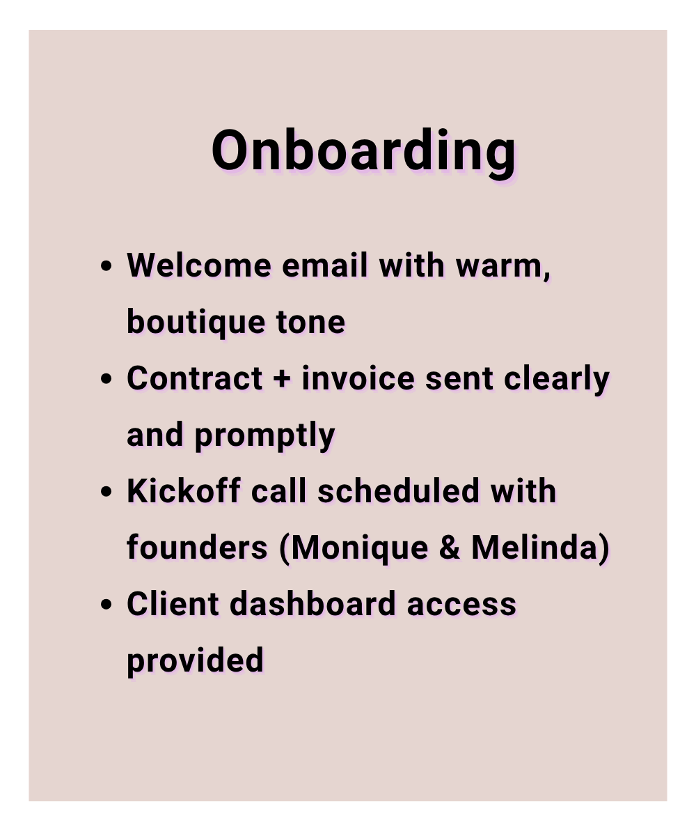 Pink background with black and purple text listing onboarding processes, including welcoming email, contract and invoice, kickoff call with founders, and client dashboard access.