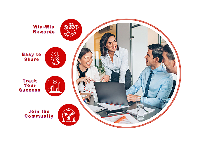 Business meeting with four people around a laptop, smiling, in an office setting. Four red icons with text on the left outline benefits: Win-Win Rewards, Easy to Share, Track Your Success, Join the Community.