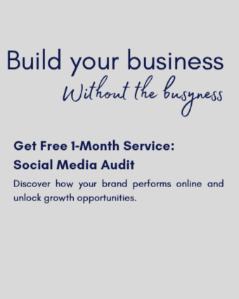 Text-based advertisement offering a free 1-month social media audit service with a slogan to build your business without the busyness.