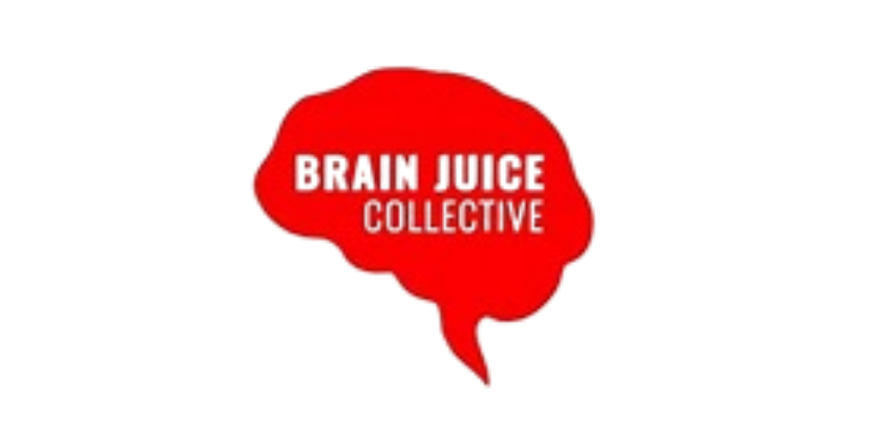 Red speech bubble with the text 'Brain Bucket Collection' in black letters.