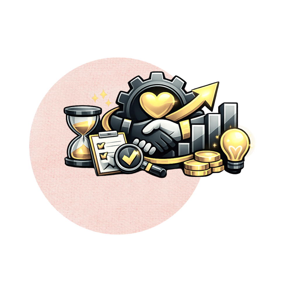 Symbolic illustration representing business growth and success, including shaking hands, bar graphs, coins, a lightbulb, an hourglass, and a checklist.