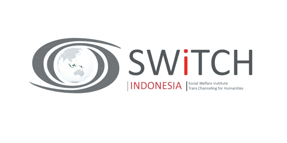 Logo of SWITCH Indonesia, with a stylized globe on the left and the text 'SWITCH INDONESIA' on the right, including the tagline 'Social Welfare Institute' and 'Trans Channeling for Humanities'.