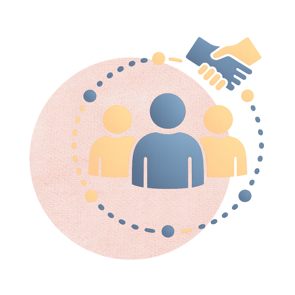 Icon of three people with a handshake above them, representing teamwork or collaboration.