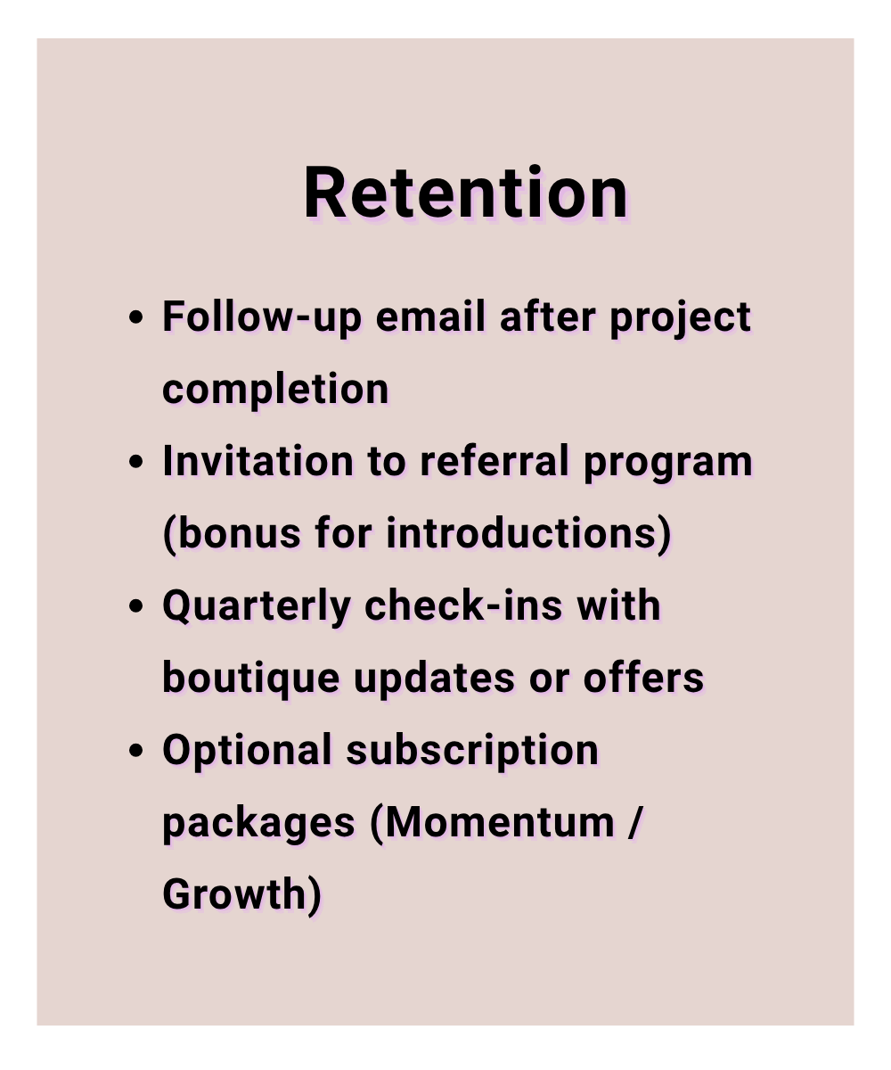 Slide titled "Retention" with bullet points discussing follow-up email, referral program invitation, quarterly check-ins, and optional subscription packages.