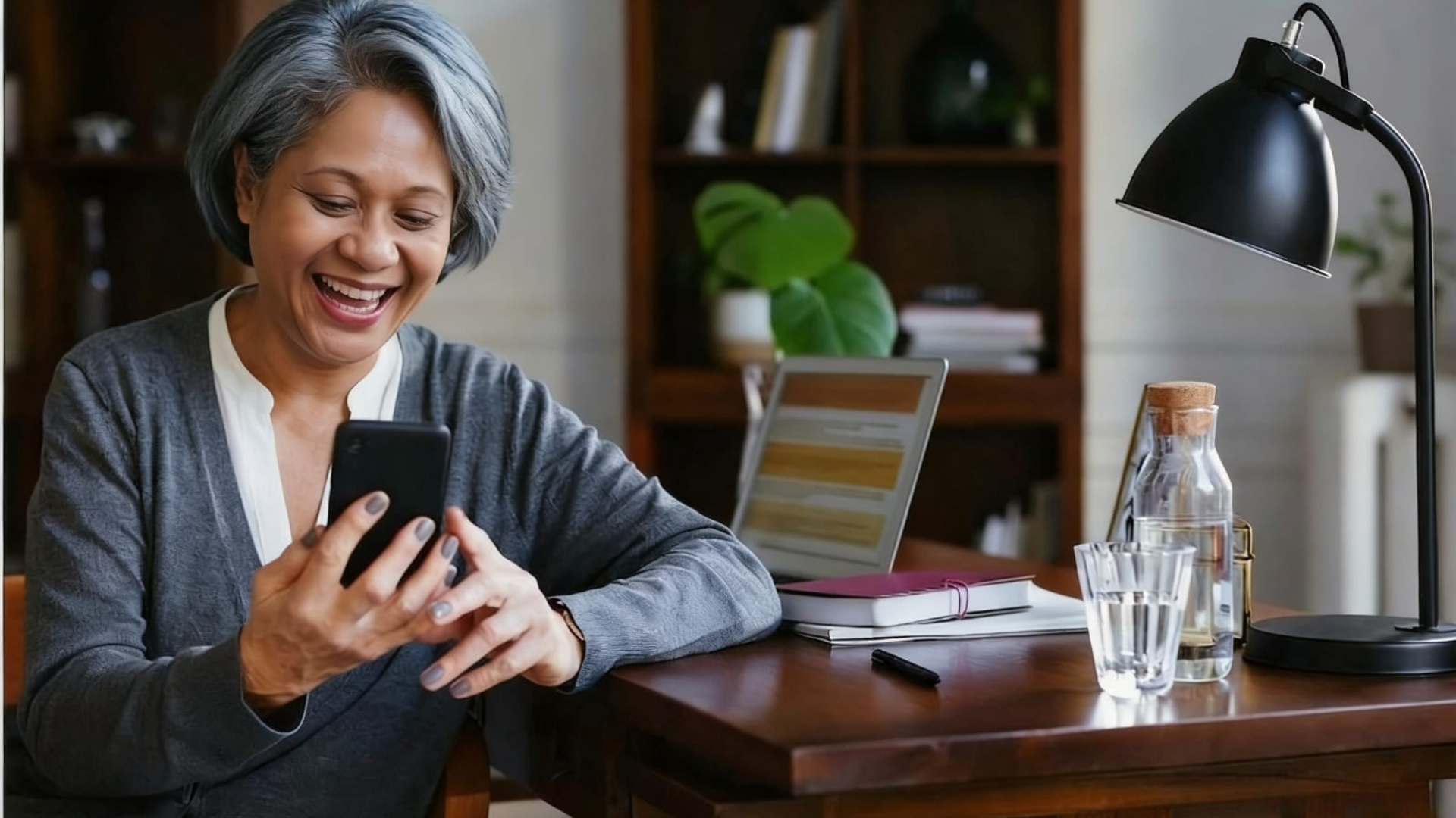 A smiling older woman with gray hair looking at her phone while sitting at a wooden desk in a home office. The desk has a laptop, books, and a glass water bottle. A black desk lamp and a plant in a pot are visible in the background.