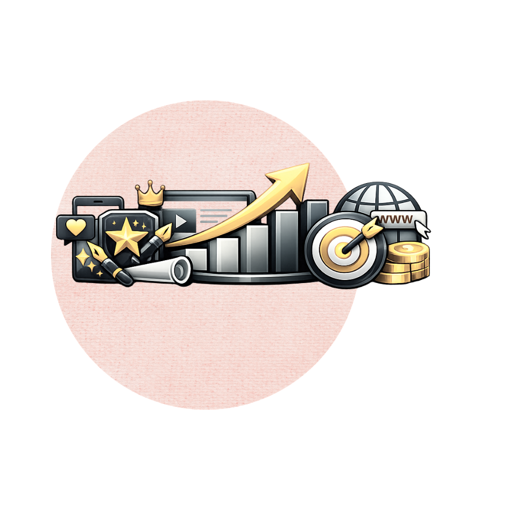 Digital marketing and analytics icons including a rising graph, target with arrow, globe, coins, and social media symbols on a pink background.