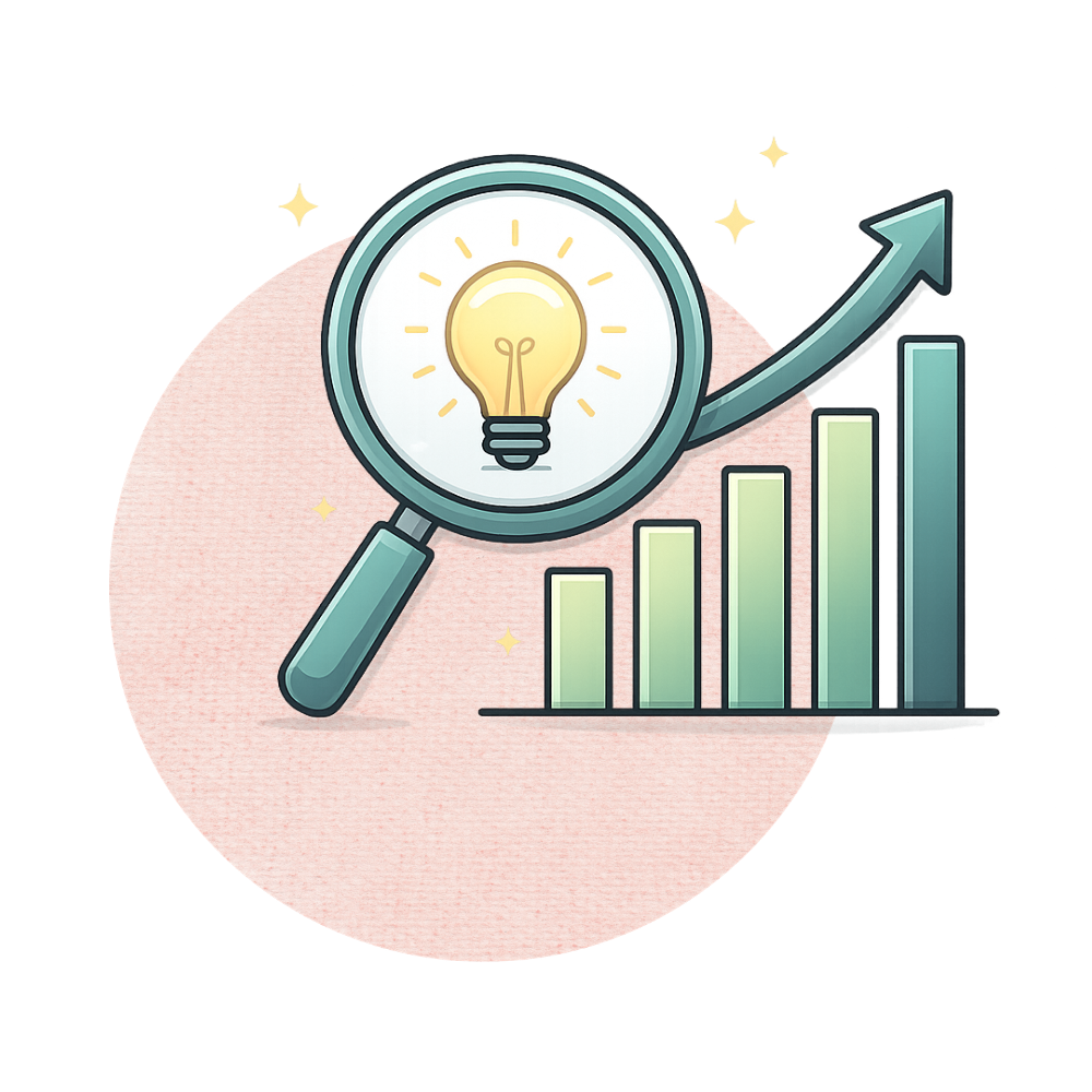 A magnifying glass with a light bulb inside, positioned over a bar graph with ascending bars and an upward arrow, representing ideas and growth.