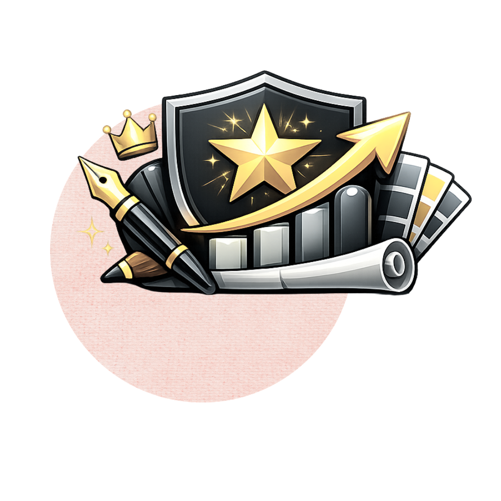 Graphic depicting growth and success, featuring a shield with a star, a rising arrow, a pen, a crown, and several charts and documents.