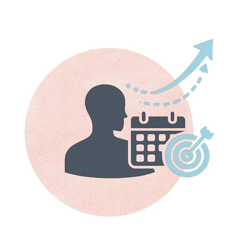 Silhouette of a person with a calendar, a target, and upward trending arrows indicating goal setting and progress.