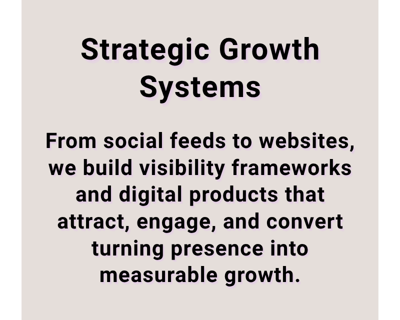 Text on a beige background explaining 'Strategic Growth Systems,' emphasizing building visibility and digital products to attract, engage, and convert online presence into measurable growth.