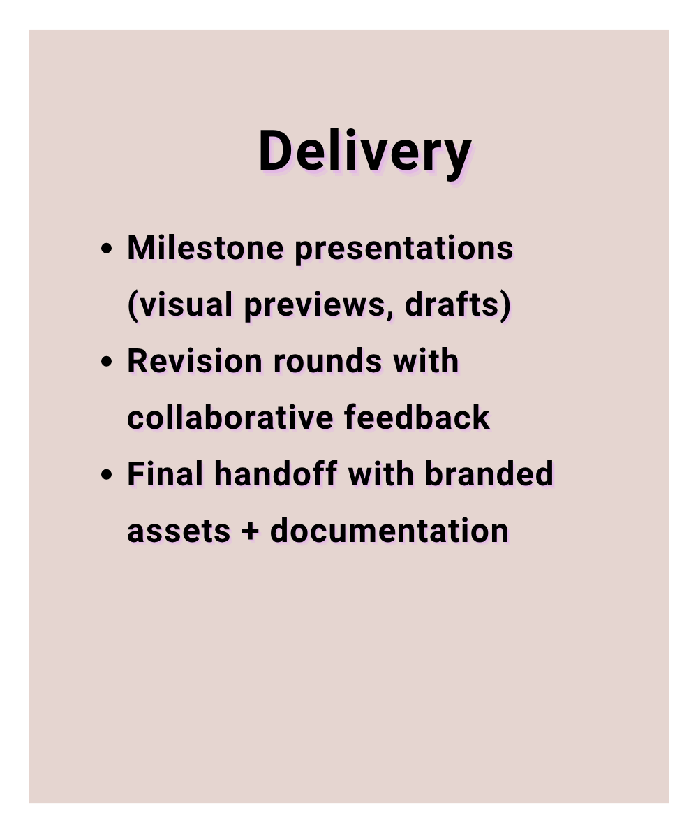 Slide with a pink background and black text titled 'Delivery,' listing steps for project delivery including presentation, revision, and final handoff.