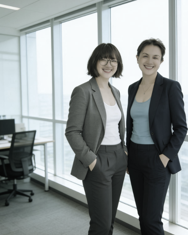 Two women in business suits smiling and standing in an office with large windows and city view