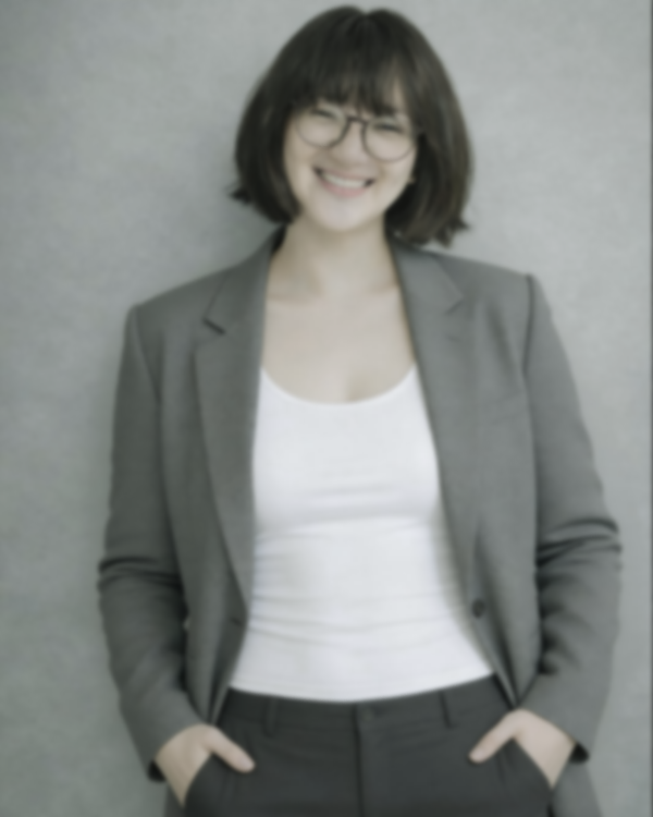 A woman with shoulder-length dark hair, glasses, wearing a gray blazer and white top, smiling and standing against a gray background.