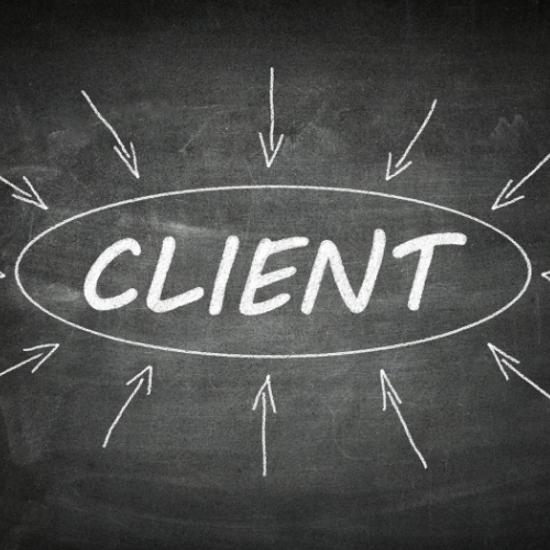 Blackboard with the word 'CLIENT' inside an oval, surrounded by arrows pointing towards it.