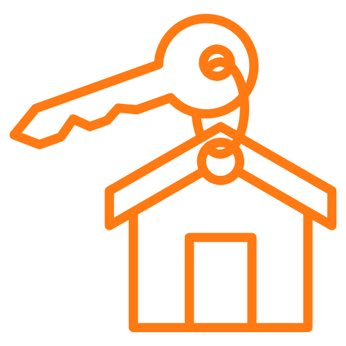 Orange outline of a house with a key hanging from the roof.