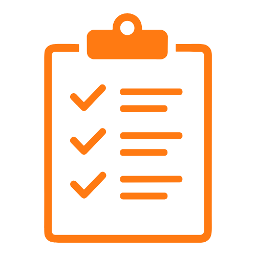 Orange outline of a checklist on a clipboard with three checked items.