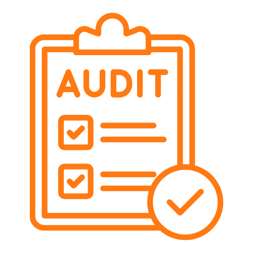 An orange outlined icon of a clipboard with the word 'AUDIT' at the top, two checkboxes with checkmarks, and a large checkmark in a circle overlapping the bottom right corner.