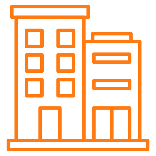 Simple orange outline of two multi-story buildings, one taller with a flat roof and six windows, and a shorter building with three windows and a door.