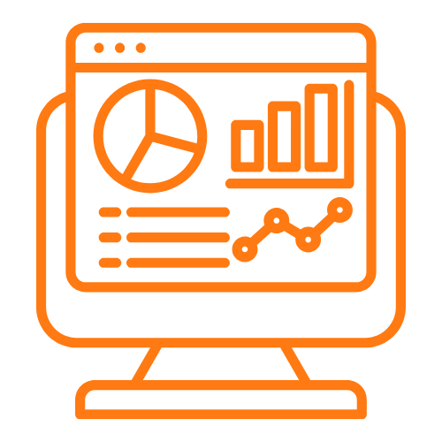 Outline of a computer monitor displaying a pie chart, bar graph, and line graph with data.