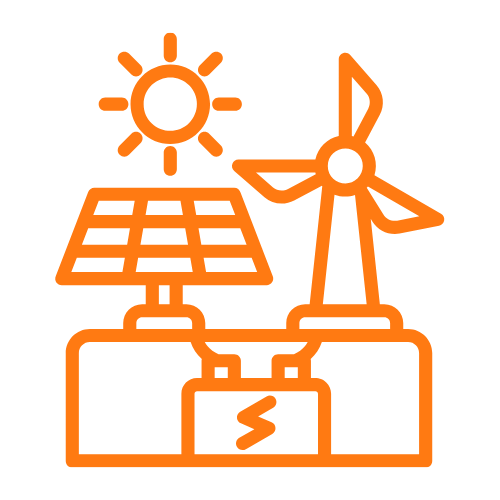 Icon of renewable energy sources including a sun, solar panel, and wind turbine.