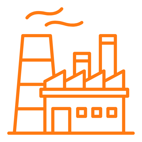 Line drawing of a factory with smokestacks emitting smoke.