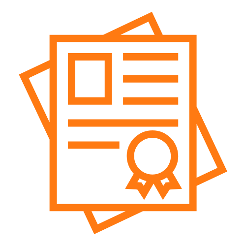 Icon of two documents with a certificate badge in orange outline.