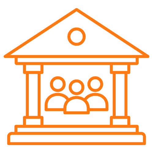 Line drawing of a courthouse with three people sitting inside.