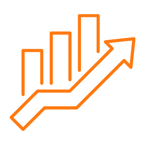 Orange line graph with rising bars and an upward arrow on a black background.