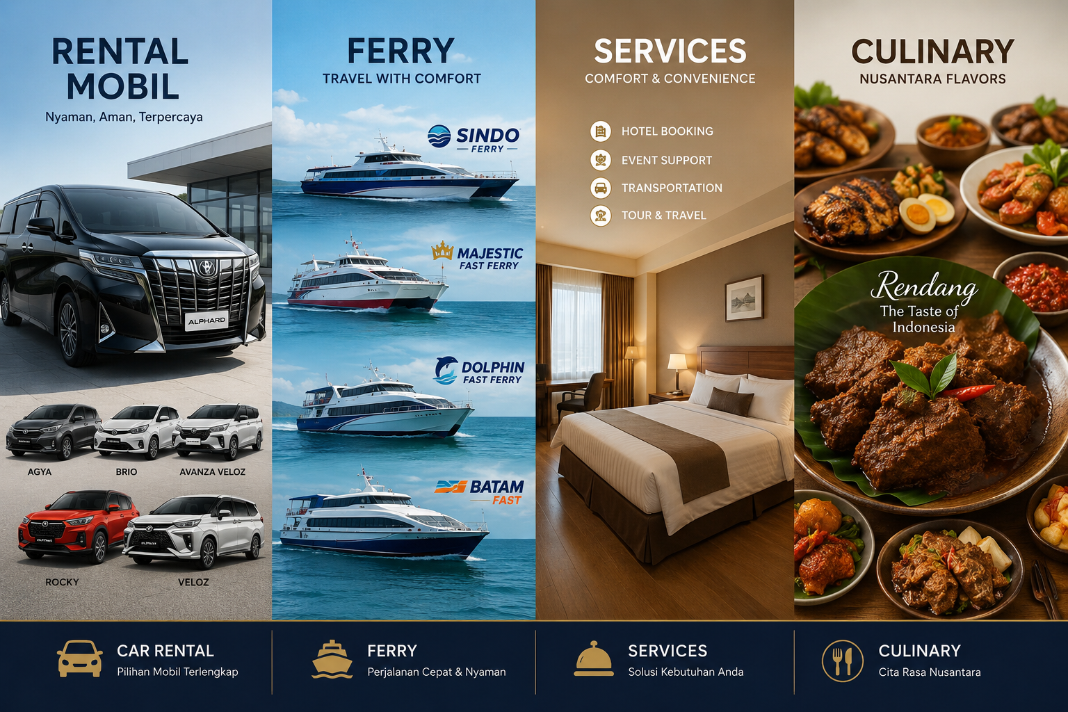 An infographic displaying transportation, services, and cuisine options. The left section shows various car models for rental, including Toyota Alphard, Agya, Brio, Avanza Veloz, Rocky, and Veloz. The middle section features different ferry services like Sindo, Majestic, Dolphin, and Batam Fast. The right section enumerates services such as hotel booking, event support, transportation, and tours. The far right showcases Indonesian dishes like Rendang and assorted foods.